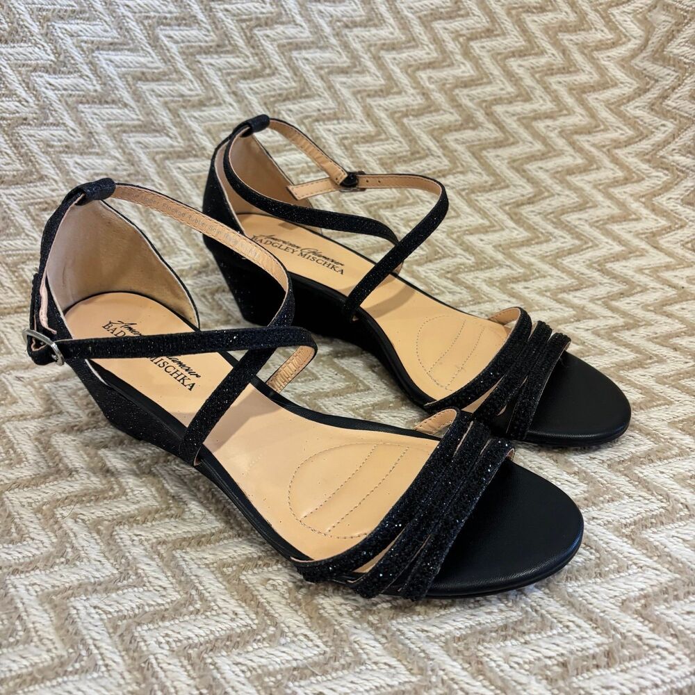 Badgley Mischka Women’s Queen Strappy Wedge Black Glitter Sandals Shoes Size 8